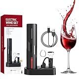 Bizcasa Sacacorchos eléctrico 6 en 1,Tapón de Vino de Vacío (Sacacorchos recargable 6 en 1 con soporte - Negro)