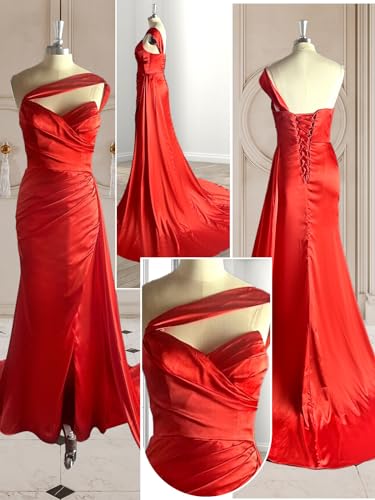 GUKARLEED Women's One Shoulder Prom Dresses Slit Ruched Satin Formal Dress for Wedding Guest Evening Dress Long Ball Gowns4