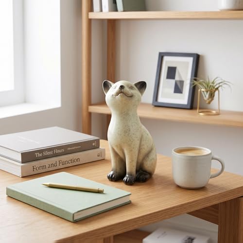 Speckled Resin Cat Figurine, Glossy Sitting Cat Statue, Cream and Black Decorative Cat Sculpture for Bookshelf, Desk, Shelf, Tabletop, Living Room, Office, Bedroom Decor, Gift for Cat Lovers (Cat) - Image 3