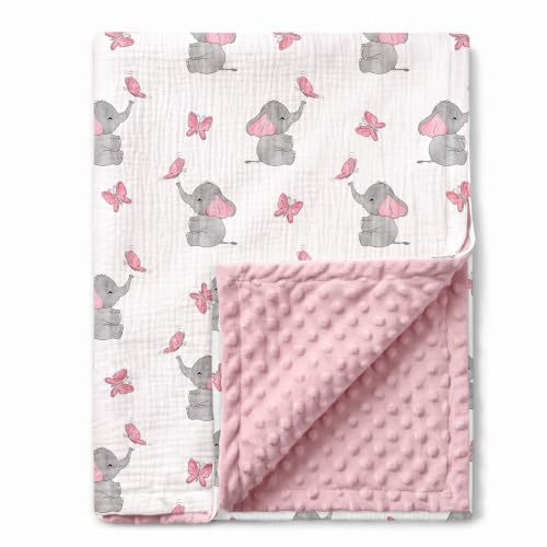Image of GLLQUEN BABY Muslin Baby Blankets for Boys & Girls, 2-Layer Toddler Blanket | Cotton Top with Dotted Fleece Back, Soft Receiving Blanket for Nursery Stroller Crib, 30''x40'', Pink Elephant