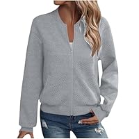 Yihaojia Women Texture Bomber Jacket Long Sleeve Full Front Zipper with Pockets Trendy Comfy Casual Out Going Travel Jackets Gray