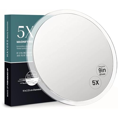 Mavoro 9'' Magnifying Mirror with 3 Strong Suction Cups | 5X Magnification | Portable Travel Makeup & Cosmetic Mirror (5X)