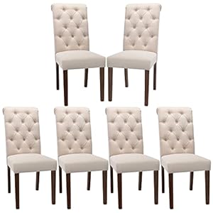 COLAMY Button Tufted Dining Chairs Set of 6, Accent Parsons Diner Chair Upholstered Fabric Dining Room Chairs Stylish Kitchen Chairs with Solid Wood Legs and Padded Seat – Dark Beige