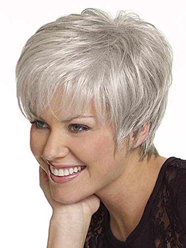 EMMOR Perucas de cabelo humano cinza prateado curto para mulheres, peruca de cabelo natural com cort