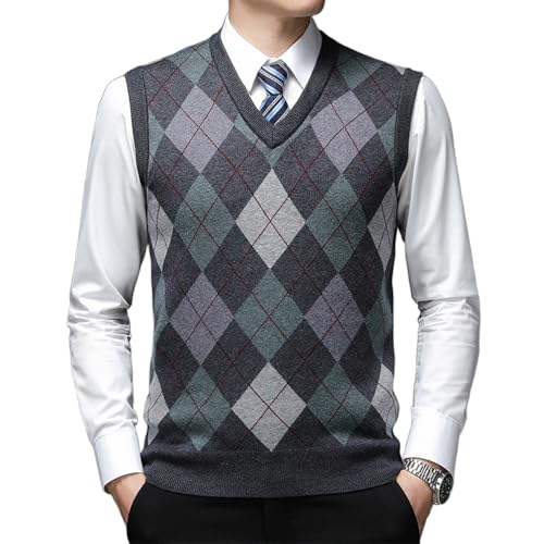 Men's Sleeveless V Neck Pullover Vest Fitted Casual Argyle knitted warm Sweater Color block Thick Vest