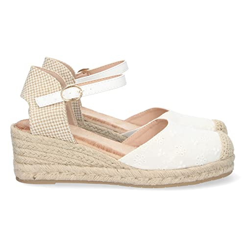 shoes&blues.es 70538-Sandalia de Cuna para Mujer, Forrada de Yute, con Pala Cerrada, Punta de Rafia, y Cierre de Hebilla, Primavera Verano 2023. Talla 39 Blanco