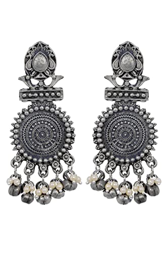 Indian Antique with Silver Polish Oxidized Traditional Boho Gypsy Tribal Bollywood Afghani Fashion Handmade Ghungroo Dangle Jhumka Earrings D-225E