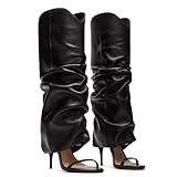 Agodor Black Slouchy Knee High Boots for Women Detachable Slouched Ruched Stiletto Heeled Sandals Round Open Toe Pull On Fashion Long Boots US6