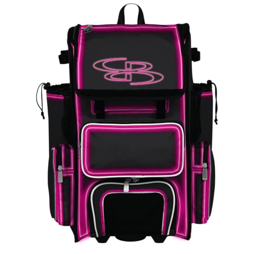 Boombah Rolling Superpack Baseball/Softball Gear Bag - Telescopic Handle - Holds 4 Bats - Wheeled Version - Electric Neon Black/Fluorescent Pink/White