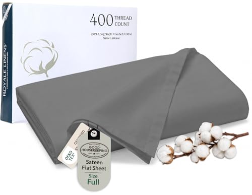 Image of Royale Linen 400 Thread Count 100% American Grown Cotton Flat Sheet - Cooling Sheets - Full Sheets - Luxury Sateen Weave - Full Flat Sheet Sold Separately - Grey Flat Sheet Only (Full, Spanish Slate)