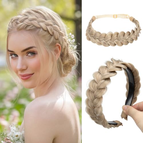 CJL HAIR 2PCs Braided Headbands Hair Piece for Women Synthetic Hair Hoops Head Bands Handmade Braid Hairband Accessories Elastic Stretch Headwrap Sunny Blonde