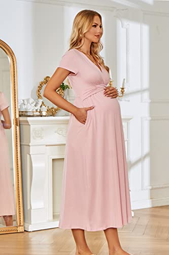 Styleword Womens' Pink Maternity Dress 2023 Summer V Neck Photoshoot Baby Shower Maxi Dresses For Nursing(Pink,L) #TOP5