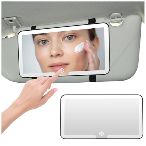 DONGTATA LED Car Vanity Mirror with Lights Sun Visor Makeup Mirror for Car 3 Colour Light Modes Touch Control Dimmable Rechargeable Car Interior Accessory for Women