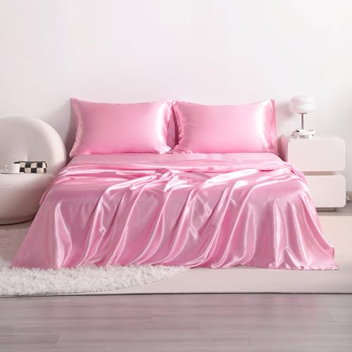 organictune Full Satin Bed Sheet Set, 4 Pieces Bed Sheet Set with Silky Solid Color, 1 Deep Pocket Fitted Sheet, 1 Flat Sheet, and 2 Pillowcases, Pink