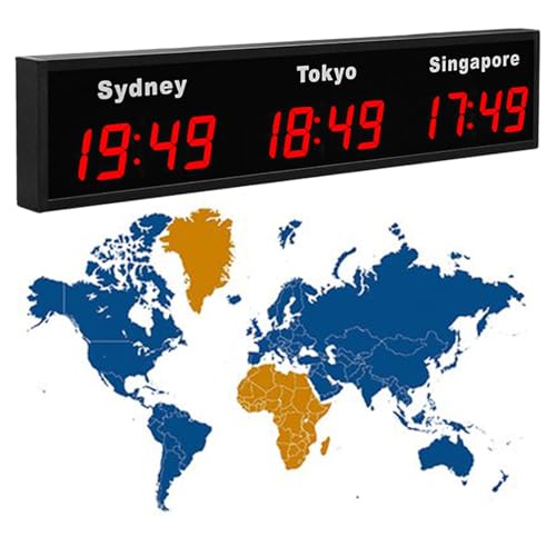 Horloge à Fuseaux Horaires Mondiaux Numérique à LED 3/4/5 Villes - Murale pour Hôtels, Aéroports, Centres Commerciaux, 3City-Red