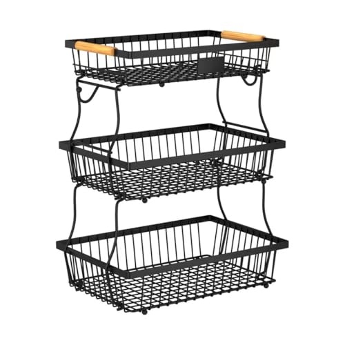 Astrorhine 3 Tier Fruit Basket for Kitchen Counter with 2 Banana Hangers Countertop Metal Fruit Bowl with Wooden Handle Large Storage Stand for Vegetables Snacks Breads Produce Storage Black