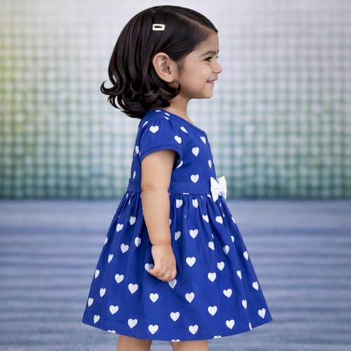 Image of babeezworld Kids Girl Heart Print Frock Dress with Bow | Cute Short Sleeve Summer Dress for Baby Girls Casual Party Outfit (1-5 Years)