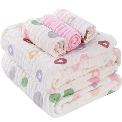 Image of HardNok Muslin Baby Towel 2 Large Super Soft Infant Blanket and 3 Washcloths for Newborns Toddlers Boy Girl,Baby Registry as Shower Gift. (Heart Series)