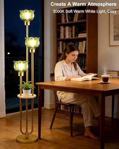 Image of Lightdot Glass Floor Lamp for Living Room 3-Lights Modern Gold Floor Lamp with Green Glass Shade 3000K Bulbs Included Unique Tall Standing Lamp with 5Lb Heavy Base for Bedroom /Sofa Beside /Corner Decor