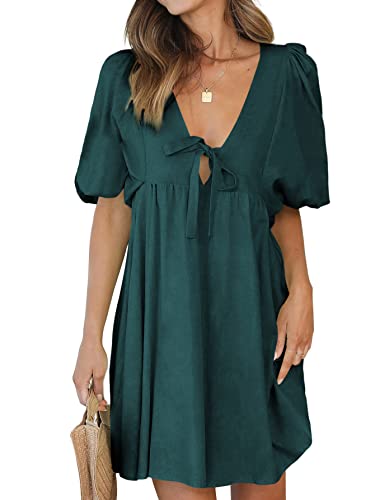 Rooscier Women's Plunging V Neck Tie Front Puff Short Sleeve Ruffle Sexy Mini Dress Dark Green Small #TOP25