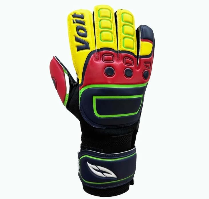 Voit Professional Soccer Goalkeeper Gloves, Red, Yellow, Black, Flat Palm Cut, Size 9, with Removable Finger Splints, Performance Grip