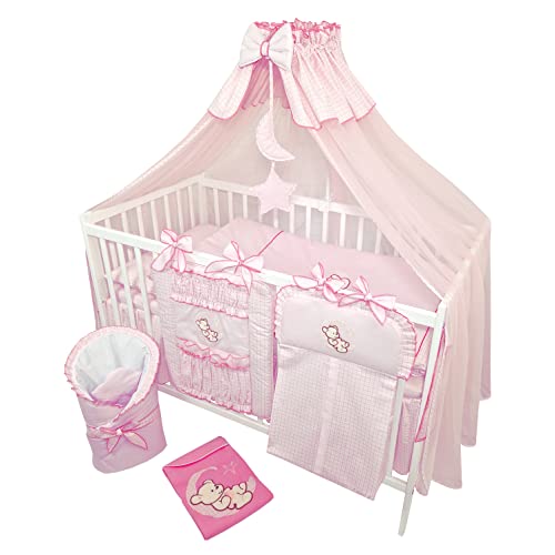 Bello24 - 16 pièces lit bébé lit d'enfant et literie Set Complet Happy Leo Matelas Inclus réglable en Hauteur pour Nouveau-nés bébés et Jeunes Enfants...