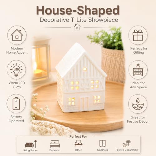Image of MARKET 99 House-Shaped Decorative T-Lite Showpiece | Battery-Operated LED Tealight Figurine for Home, Office, Bedroom & Cabinets | Modern Accent Light for Festive Decoration (Ceramic Material)