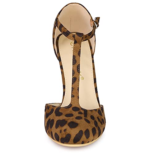 Allegra K Women's Rounded Toe Stiletto Heel T-Strap Dress Leopard Pumps 8 M US2
