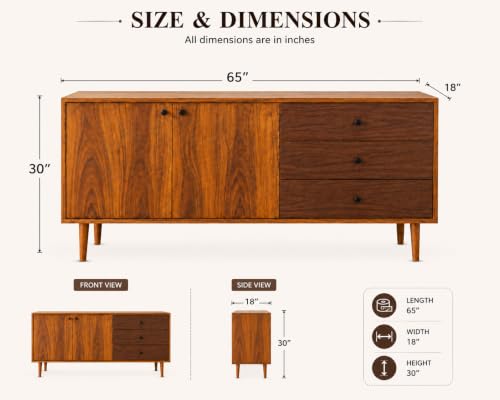 Image of Solid Sheesham Wood Sideboard Cabinet with 3 Drawers & 2 Door Storage | Wooden Buffet Cabinet for Dining Room | Modern Storage Console for Living Room & Entryway