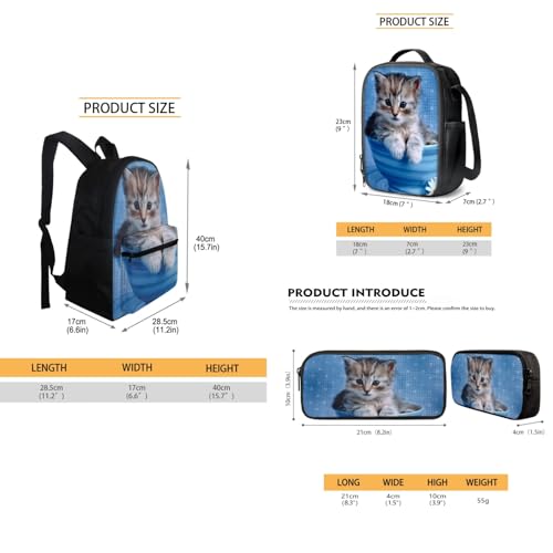FOR U DESIGNS Cute Tabby Cat Print 3 Piece School Set for Girls Ages 6-12 Lightweight Backpack with Insulated Lunch Bag and Small Pencil Case Organizer for Elementary School3