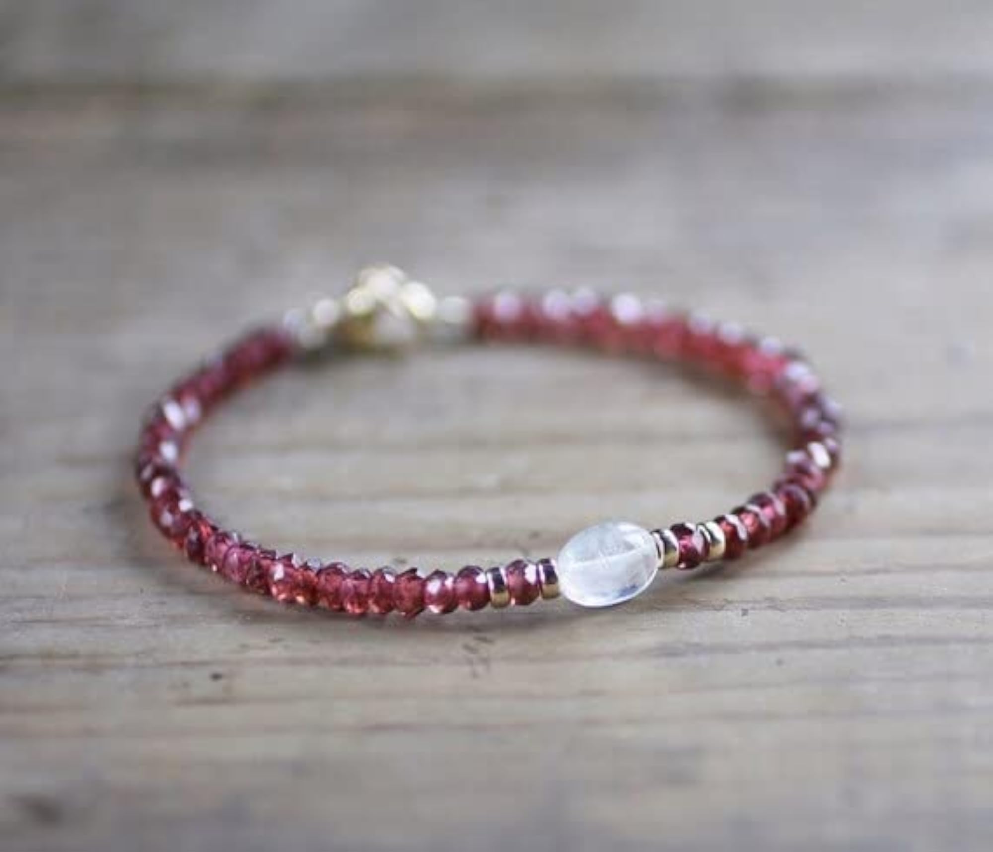 Garnet & Moonstone Gemstone Bead Bracelet, Silver Plated