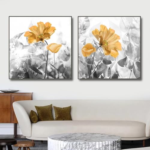 Peintures abstraites fleurs jaunes KEBIA, lot de 2 toiles murales 50x50 cm pour décoration de salon