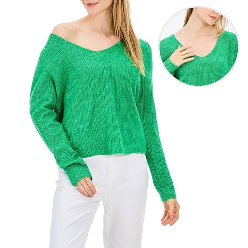 Image of Simple&Opulence Women's Long Sleeve V-Neck Sweater Off-Shoulder Light Cropped Sweaters for Women Wool Sweater S-XL