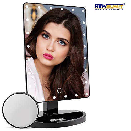 NEWSUMIT Espejo Maquillaje con luz 24 led - Espejo de Mesa con Organizador - Dimmer táctil - Aumentos 1X,10X- Espejo Cosmético Portable - Carga USB o Batería - 360º (Negro)