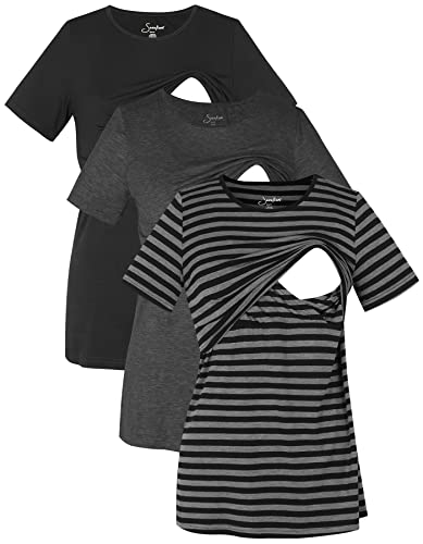 Women's 3 Pcs Maternity Nursing Tops Basic Pullover For Breastfeeding A-Black/Dark Grey/Striped,Xl #TOP1