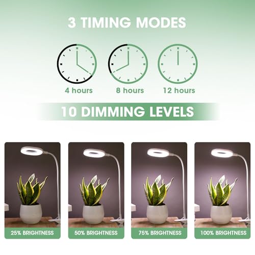 Pflanzenlampe LED Vollspektrum für Wachstumslampe - Grow Lampe 10W USB Pflanzenlicht Kleine Pflanzen mit Auto 4/8/12h Timer,10 Helligkeitsstufen, 3 Lichtmodi, 360° Schwanenhals, Clip & Erdspieß
