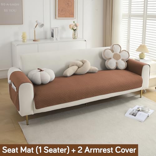 Image of HOKIPO Quilted 1 Seater Sofa Cover Set, One Seat Mat with Two Armrest Covers with Pockets, Brown (IN-716+IN-787-BR*2)
