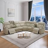 Power Recliner Sectional Sofa Set, Breathing Leather Furniture Set,L Shaped Recliner Couch with LED Light/Storage/Cup Holders/USB Charging for Living Room Office Home Bedroom (Beige)