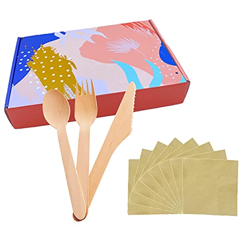 150 Stück von Einweggeschirr,Holzbesteck,Biologisch abbaubar,kompostierbar,Umweltfreundlichen Geschirr Set,50 Stück Messer,Gabel,Löffel und jeden,geeignet für Familienessen und Versammlungen Kinder Cover