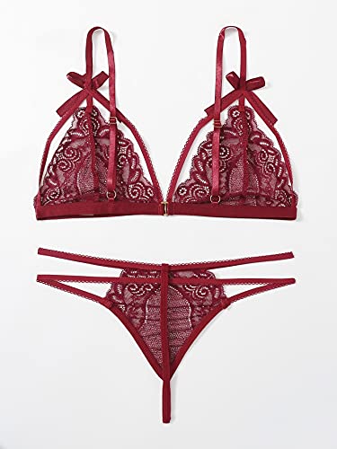 WDIRARA Women's Floral Lace Mesh Bow Bra and Strappy Panty Lingerie Set Red L - Image 3