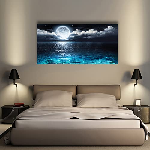 Ocean Wall Art Canvas Prints Seascape Themed Pictures Home Decor Moon Sea Wave Paintings For Living Room Bathroom Bedroom Kitchen Wall Decoration Natural Landscape Wooden Frames Artwork Hanging Easy #TOP5