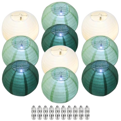 Image of Boho Chinese Paper Lanterns LED Lights, 10-Pack 10inch | Hanging Lights in Cream, Sage & Forest Green for Garden Party, Boho Wedding, Birthday Decorations & Home Party