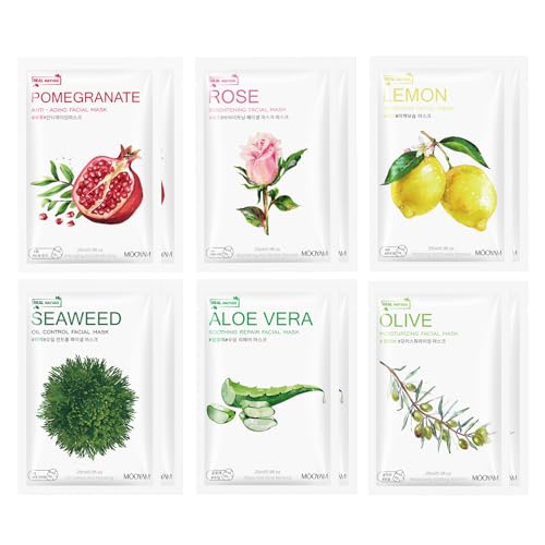GUOYAOLIFU Plants Fruits Face Masks for Women,Aloe Vera Face Mask Hydrating,Moisturizing Rose Facial Masks for Women,Pomegranate Mask Sheet Skincare for All Skin Types(12Pack)