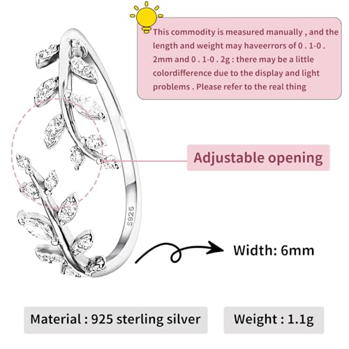 925 Sterling Silver Open Rings,Adjustable Personalised Finger Wrap Around Leaves Promise Ring,Stylish Bling Rhinestones Cubic Zirconia Sterling Silver Rings Jewelry for Women Girls Chic Gifts - Image 6