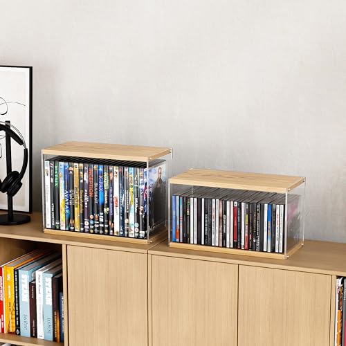 ihomecooker 2Pack Stackable Wood Acrylic CD Holder Desk Rack Organizer Holds up to 60 CD Jewel Cases Media Storage Rack for Movie & Video Games Collections,Natural Wood