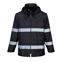 Portwest F440 Mens Hi Vis Waterproof Hooded Rain Jacket - Classic Iona Reflective Rain Coat Black, Small