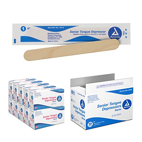 Dynarex Tongue Depressors, Sterile, 6" Senior-Sized Length, for Mouth Checkups, Crafts, or Waxing, Made from Beige Birch Wood, Comes in Boxes of 100, 1 Case of 1000 Dynarex Tongue Depressors