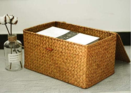 YANGQIHOME Wicker Storage Baskets with Lids, Set of 4 Seagrass Baskets, Rattan Woven Rectangular Basket Bins for Shelf Organization