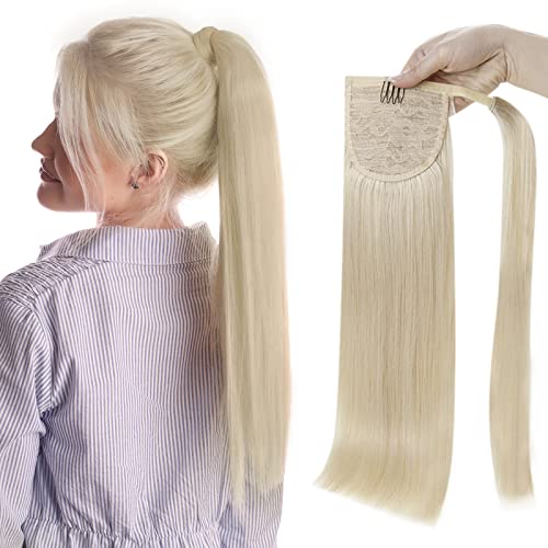 Full Shine Human Hair Ponytail Extension, Platinum Blonde Ponytail Extension, Clip in Hair Extensions Real Human Hair Blonde for Instant Volume Boost, 14 Inch 70g