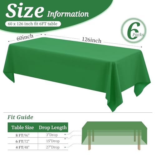 6 Pack Green Tablecloth 60 x 126 inch Polyester Table Cloth for 6 Foot Rectangle Tables,Stain and Wrinkle Resistant Washable Fabric Table Covers Polyester Green Table Clothes for Wedding,Party,Banquet by YMHPRIDE - Used condition - Image 2